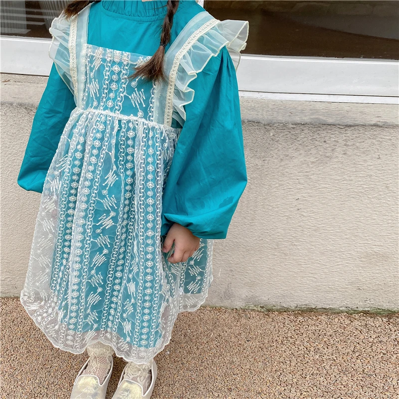 

Демисезонный комплект из 2 предметов для девочек, платье для малышей + кружевная накидка, Детский костюм с вышивкой, летающий рукав