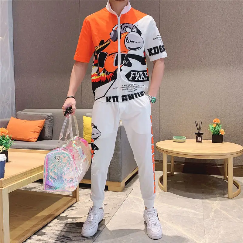

Cardigan Stand Collar Sports Suit Men's Summer Student Korean Style Trendy Handsome Casual Ice Silk Summer Clothes a Set