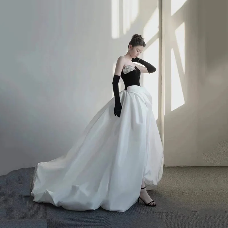 Elegant Princess Engagement Formal Evening Dress Strapless Sleeveless Court Train Satin with Slit Splicing robes de soirée