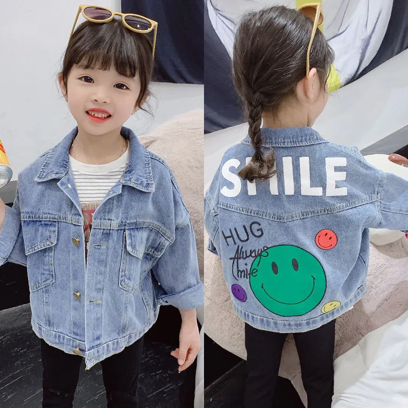 

Spring Autumn Denim Girls Jacket Fashion Cartoon Smile Windbreaker For Kids 2-9 Years Children Clothing Outerwear Jackets Coats