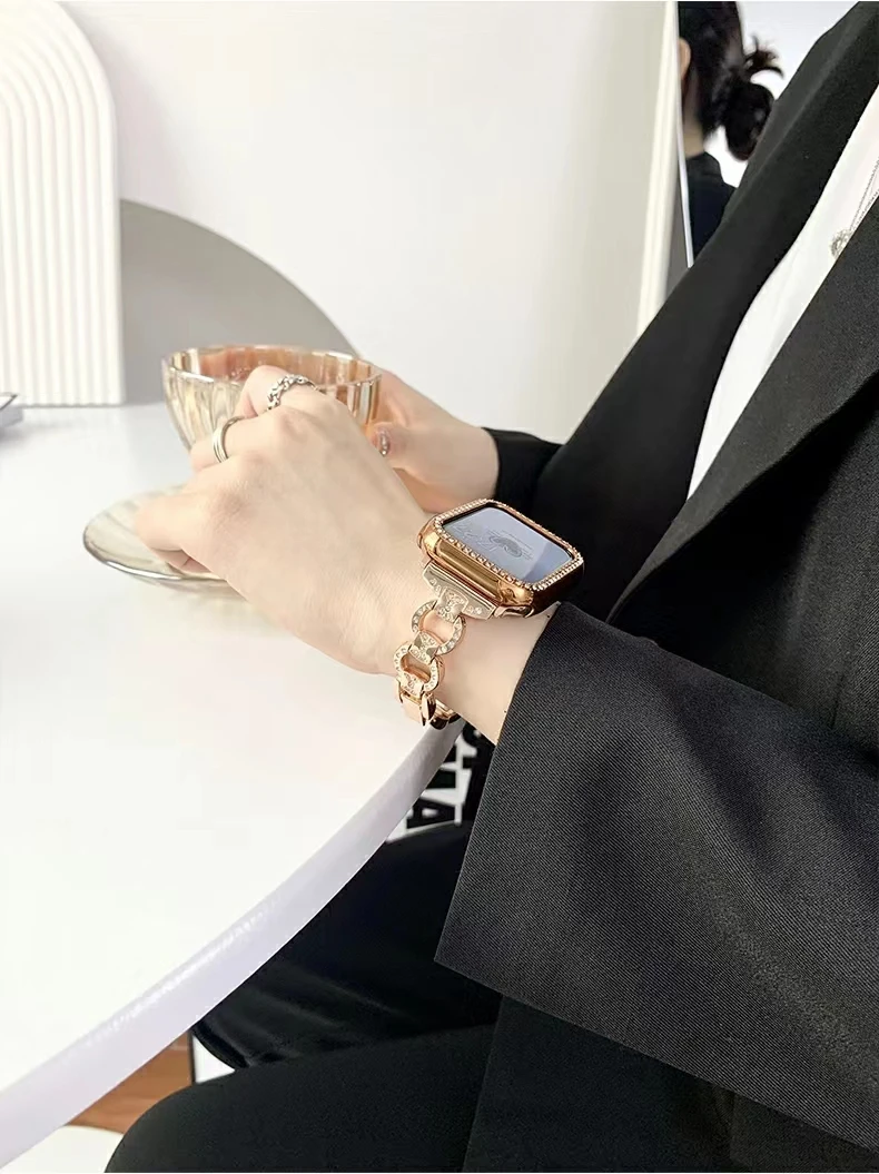 Diamond Rose Gold Bracelet for Apple Watch Ultra 49mm 8 7 41 45mm Beautiful Women Strap for IWatch Series 6 5 4 Se 3 2 1 42 44mm enlarge