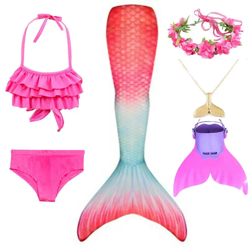 Girls Kids 5pcs Mermaid Tail Dress Bikini Swimsuit Necklace Sun Hat Cosplay Anime Halloween Costume