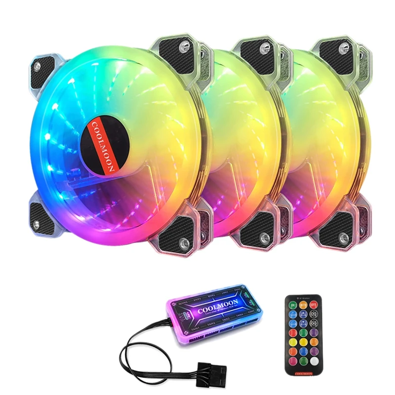 

COOLMOON, 3 шт., 120 мм, ультратихий RGB проектор, оснащен концентратором дистанционного управления, высокопроизводительный Компьютерный Вентилято...