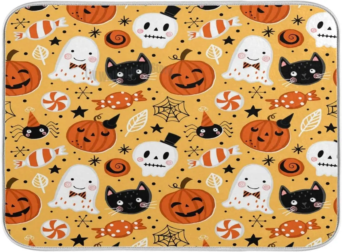 

Skull Pumpkin Witch Ultra Absorbent Reversible Microfiber Dishes Drying Rack Pad Heat-resistant Mats 18x24in