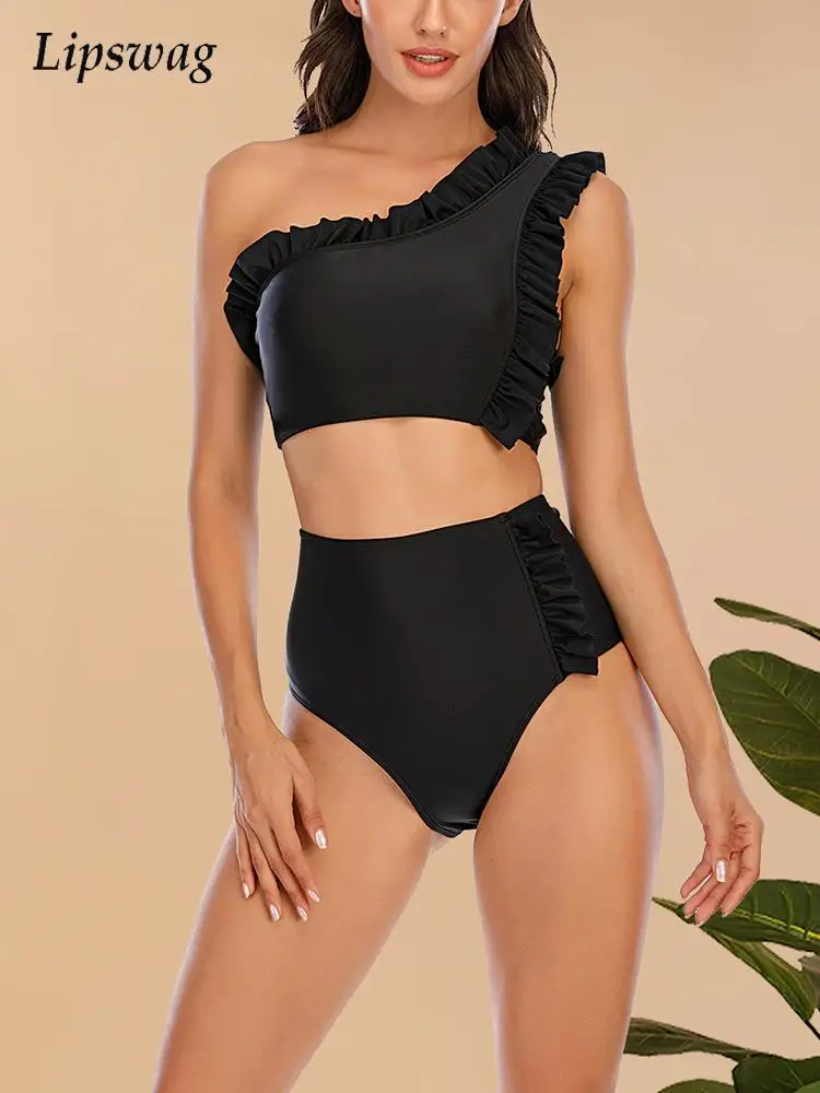 

Новый женский купальник из двух частей в горошек с оборками, сексуальный однотонный купальник на одно плечо с высокой талией, летний пляжны...