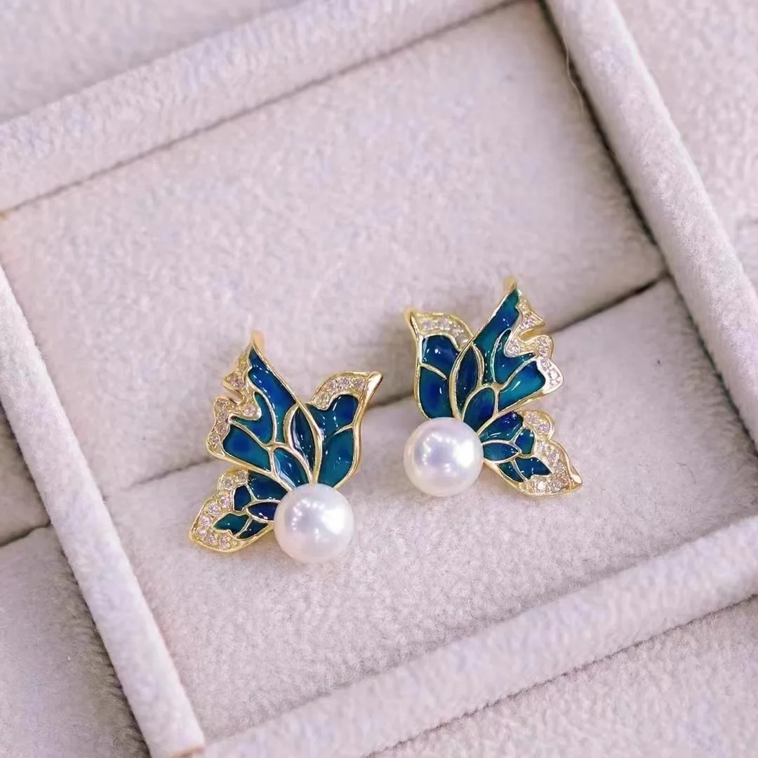 

New Butterfly Enamel Glaze Pearl Stud Earrings for Women Temperament Brincos Sweet Party Jewelry Valentine's Day Gift