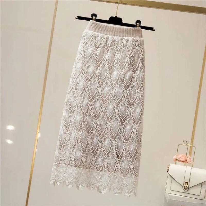 Корейская мода осень женская однотонная эластичная кружевная ажурная одежда с