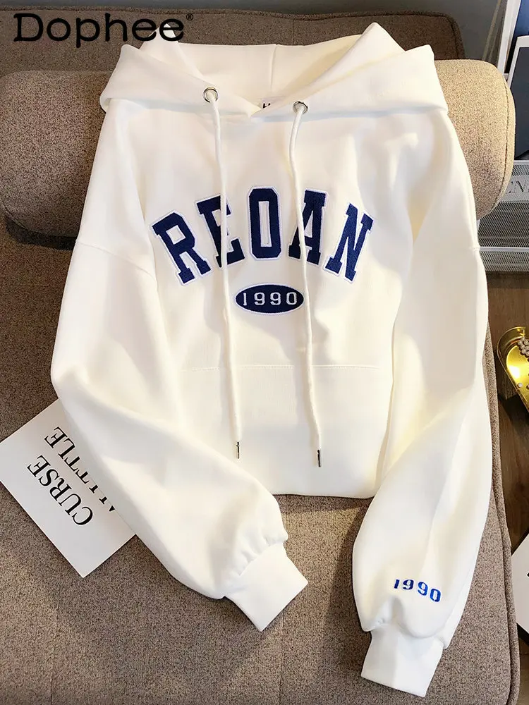 

White Oversize Sweatshirt for Women Hoodies Coat 2022 Autumn and Winter New Design Sense Embroidery Letter Sportwear Jacket Tide