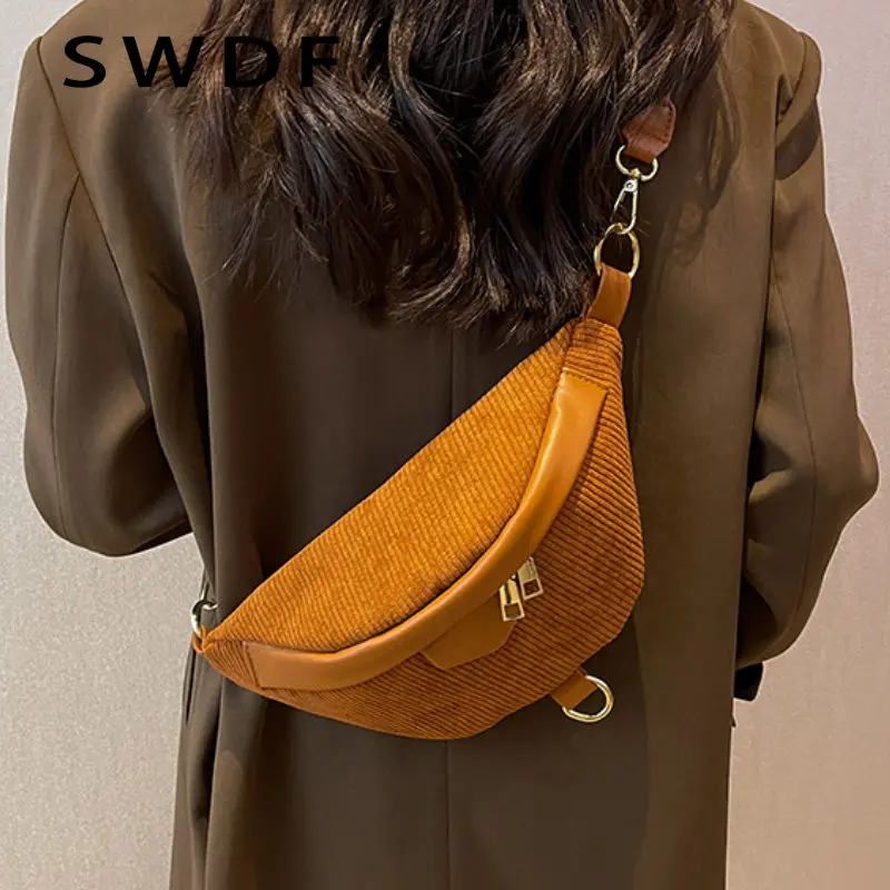 

SWDF 2023 Winter for Women Sac A Main Designer Handbags Vintage Corduroy Waist Crossbody Bags Ladies Zipper Fabric Chest Purses