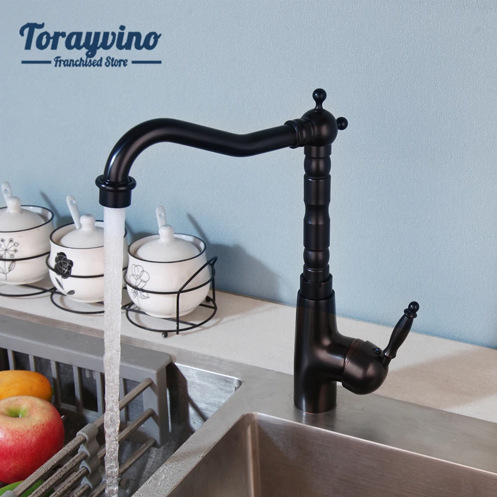

Torayvino Kitchen Faucet Single Handle Single Hole Hot Cold Water 360 Rotation ORB Black Deck Mounted Sink Mixer Taps