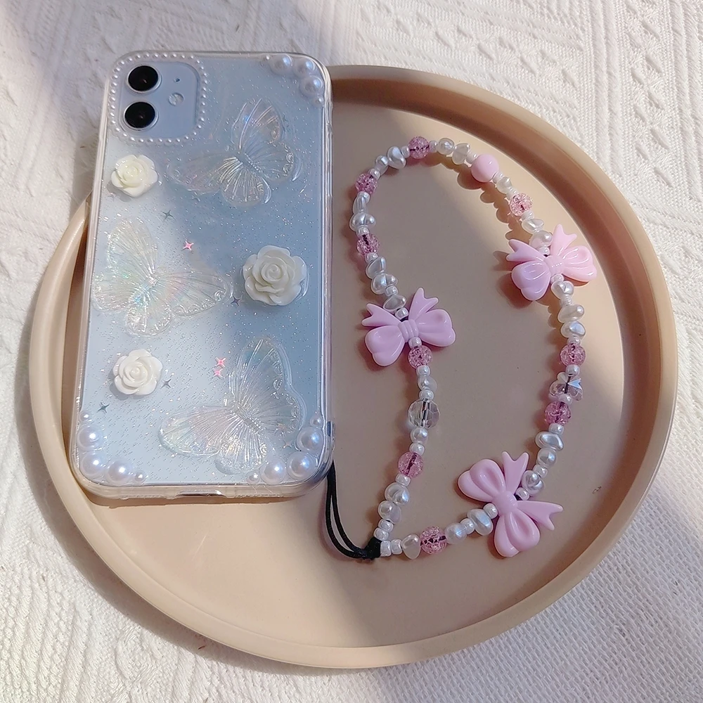 New Korean Pink Bowknot Phone Charm Imitation Pearl Beads Chain for Phone Case Cute Mobile Strap Wholesale Cellphone Accessories
