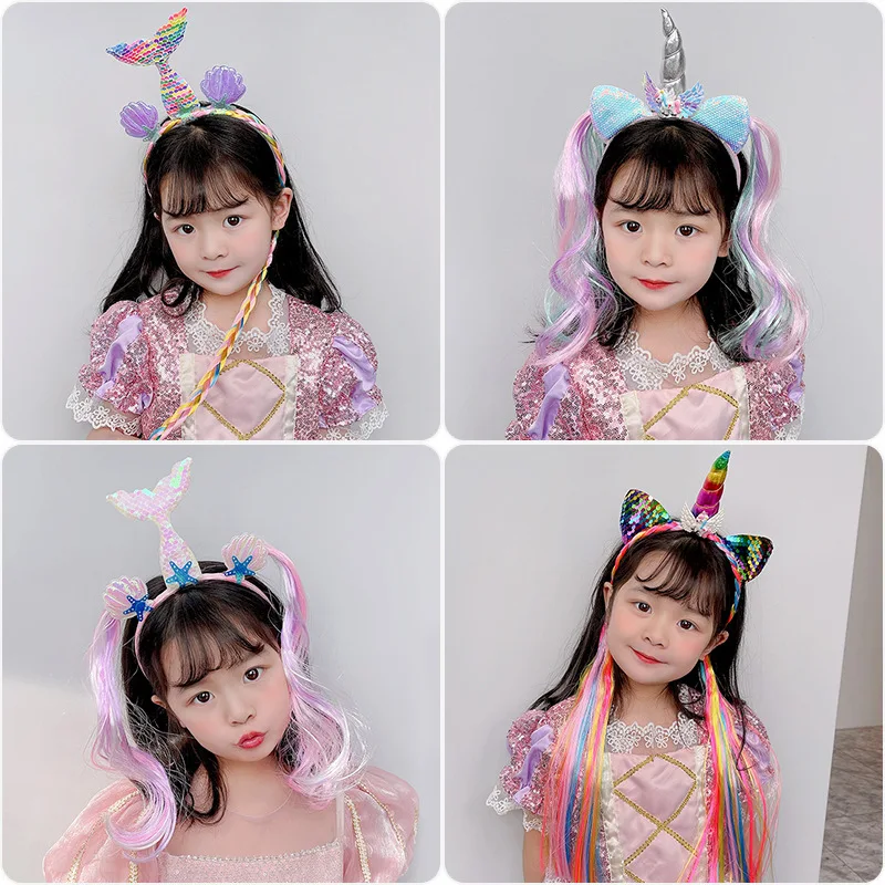 New Fashion Kids Mermaid Hair Hoop Wig Braid Elastic Hair Bands Cartoon Princess Headwear Girls Kids Hair Accessories