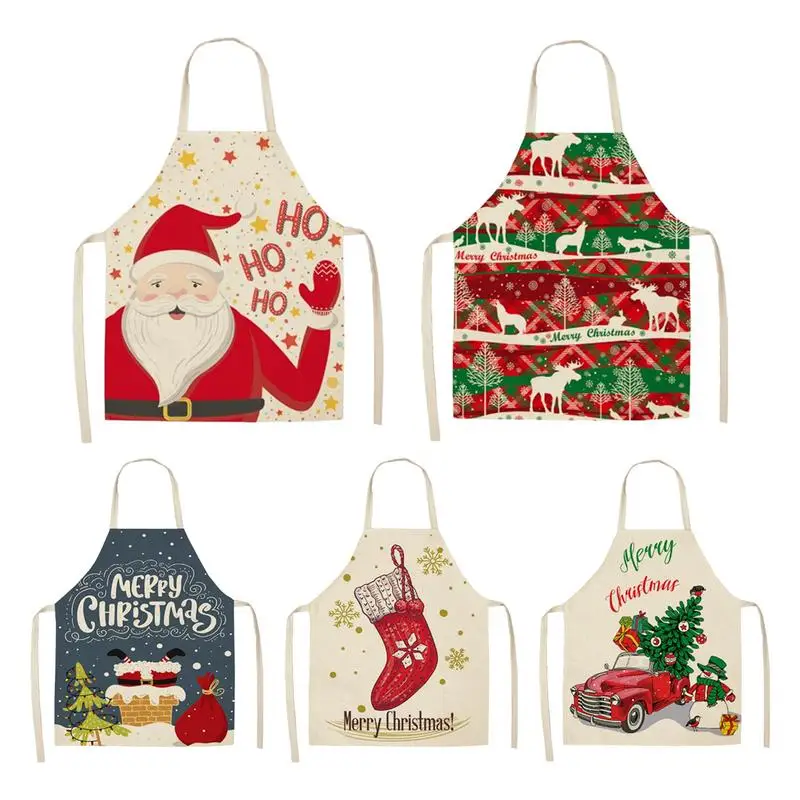 

Christmas Apron For Women Santa Claus Elk Snowman Design Stain-Resistant Sleeveless Chef Apron Adjustable Cooking Costume