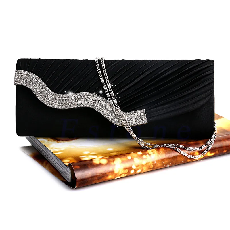 

Diamante Pleated Crystal Evening Handbag Clutch Purse Wedding Bridal Party E74B