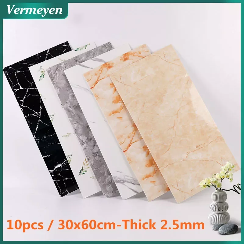 

10pcs Marble Brick Wall Sticker 30x60cm Shiny Surface PVC Wallpaper Self-Adhesive Waterproof for Living Room Bedroom Bathroom