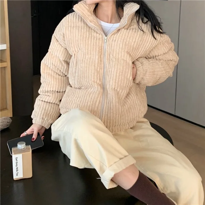 New Women Winter Corduroy Jacket Casual Solid Coat Down Short Thickening Warmth Overcoat Fashion Loose Zipper Jacket Streetwear