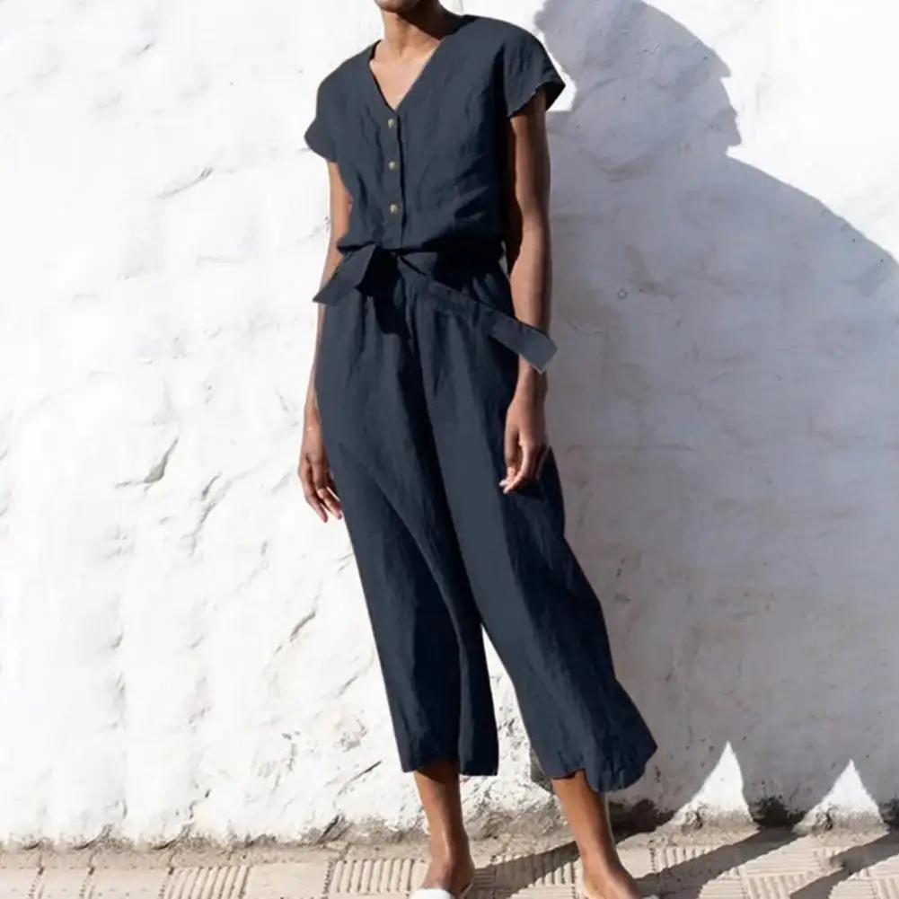 

Girls Jumpsuit Stylish Summer V-neck Jumpsuit Chic Half Placket Design Wide Leg Silhouette Belted Waist Streetwear for Women