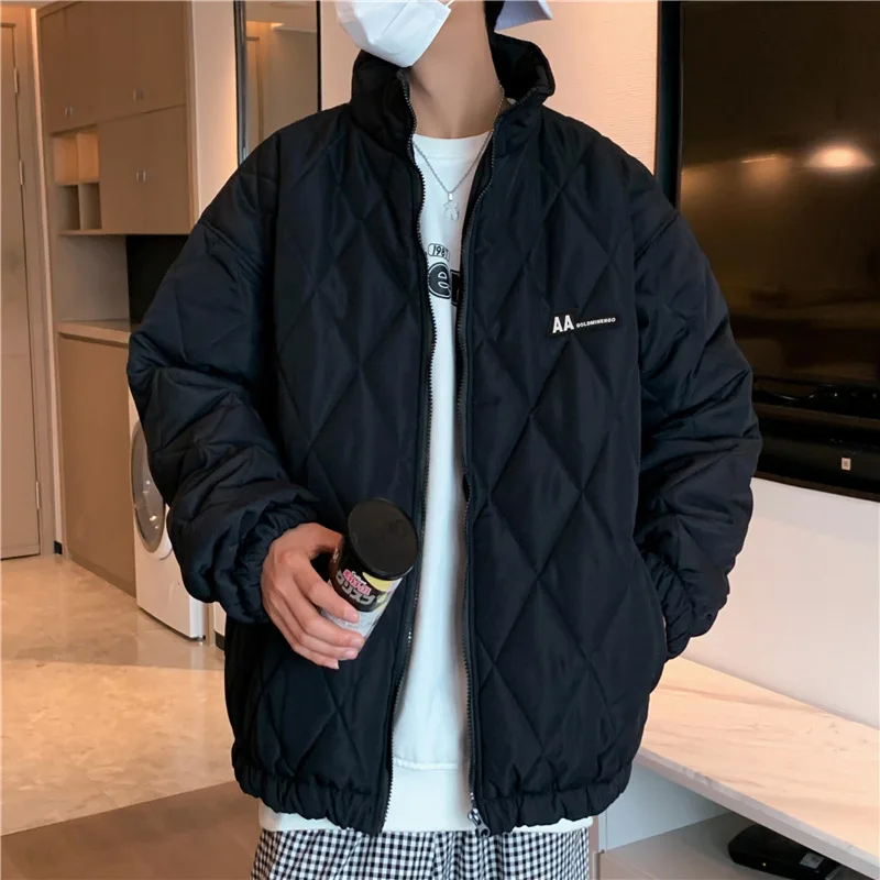 Padded men's winter diamond-shaped lattice port trend brand ins loose ruffian handsome stand-up collar padded jacket all-match