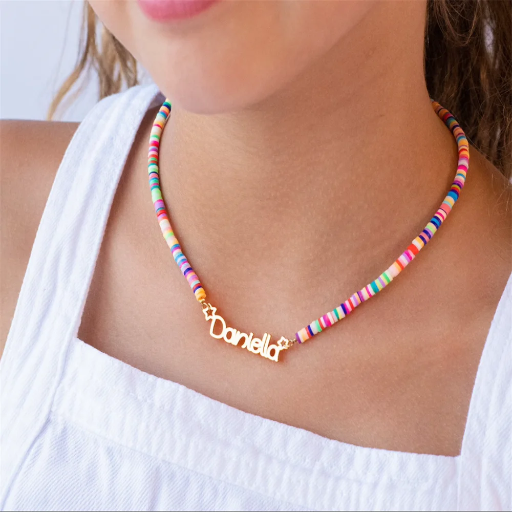 

Индивидуальное ожерелье с именем из мягкой керамики, индивидуальное Радужное колье из нержавеющей стали, ювелирные изделия, подарки для де...