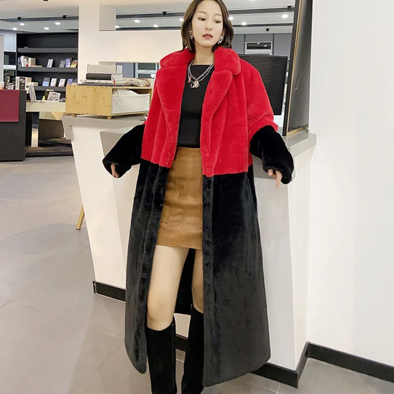 Korea Parka Winter Clothing Women Faux Fur Jacket long Color Matching Lapel OverCoat Female h Coat  x-long fur coats