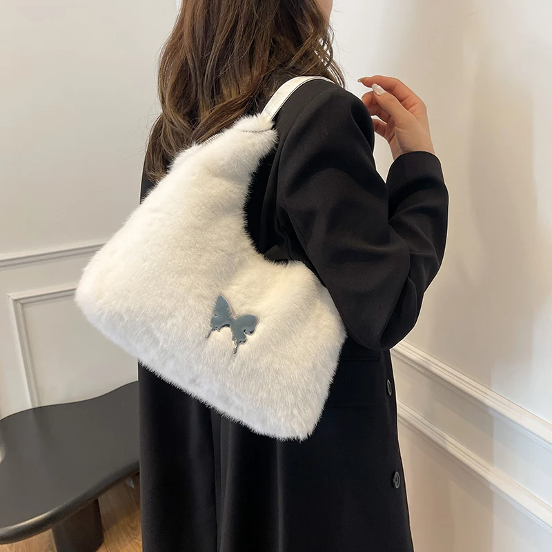 Простая однотонная женская универсальная плюшевая сумка-тоут большой