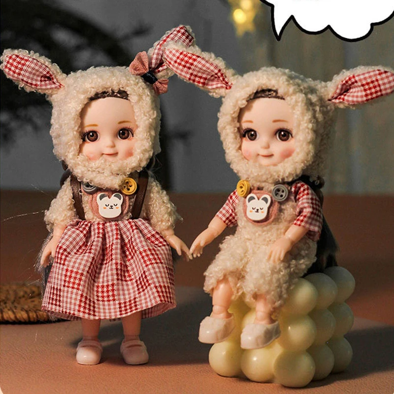 

Bjd Doll 16CM 13 Movable Joints Cute Smile Face Shape and Bunny Ears Clothes Suit Doll Toy Best Gift for Kids