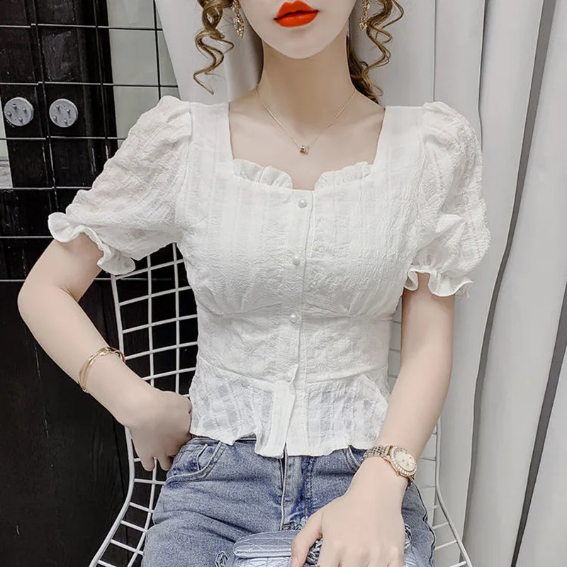 Милая однотонная свободная рубашка с пышными рукавами и пуговицами лето 2022 новые