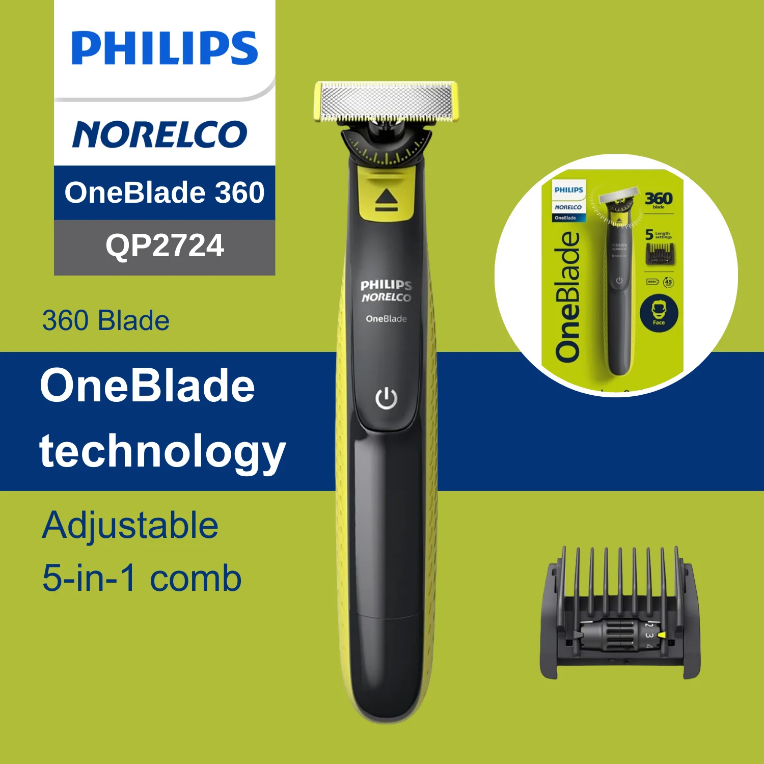 Philips Norelco One Blade QP2724 технология OneBlade 360 лезвий регулируемая расческа 5-в-1