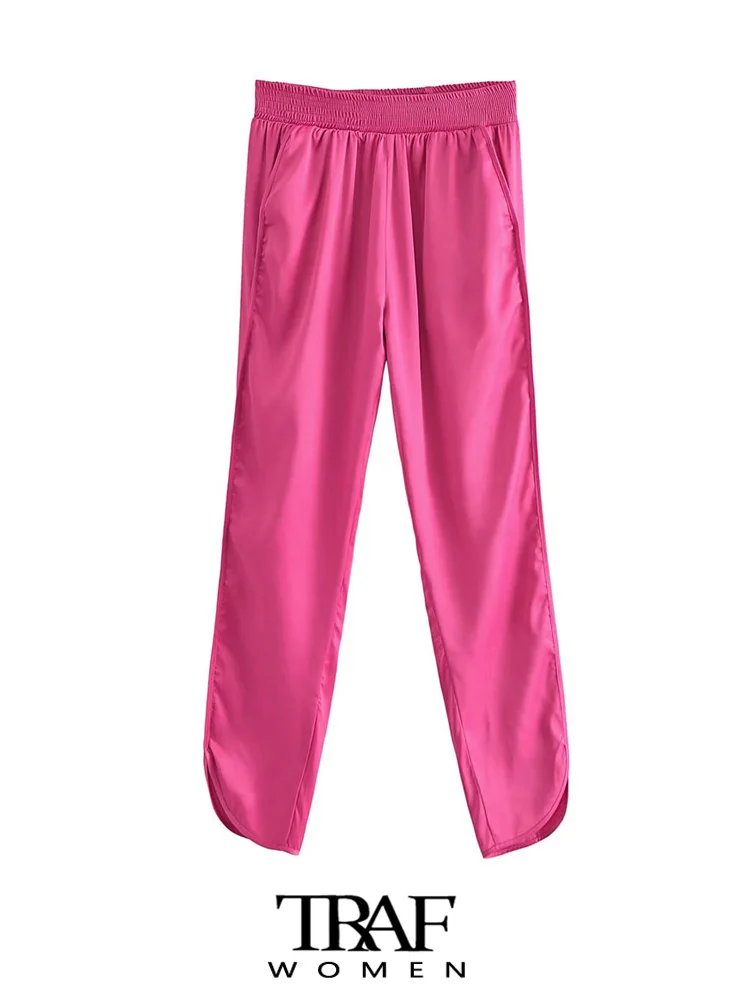 

TRAF Women Fashion Side Pockets Satin Slit Hem Pants Vintage High Waist With Elastic Waistband Female Trousers Mujer