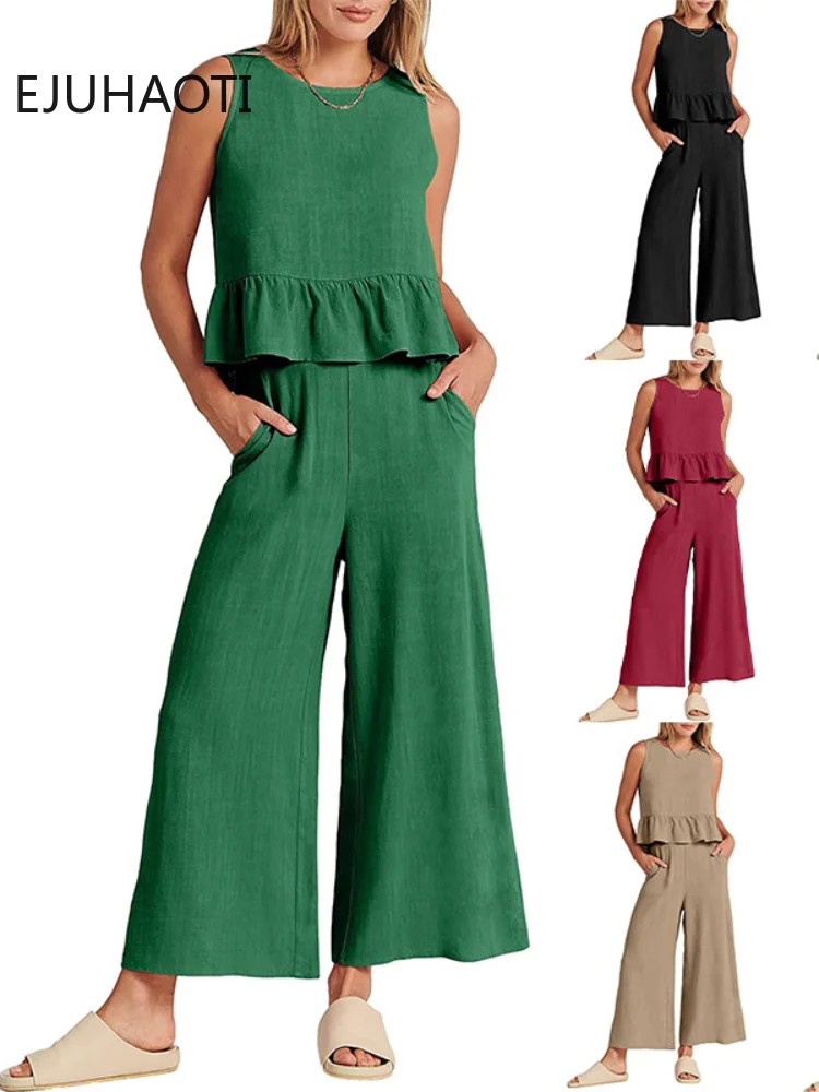 

Summer Women's 2023 New Fashion Buttons Sleeveless Pleated Vest Wide Leg Ninth Pants Casual Suit Two Piece Sets Womens Outifits