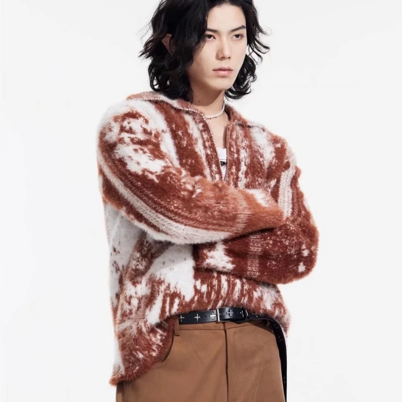 Мужской окрашенный плюшевый кардиган в японском стиле Харадзюку модный свитер