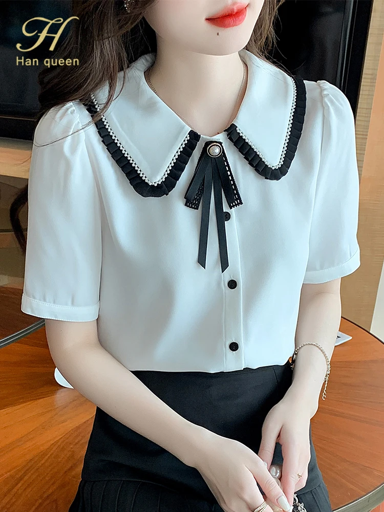 

Женская блузка с коротким рукавом H Han Queen, свободная рубашка в простом стиле с бантом, Повседневная винтажная блузка для работы, на лето
