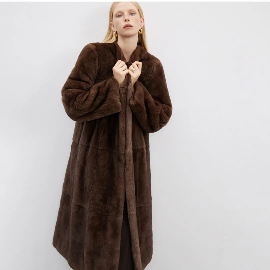 Новое зимнее длинное пальто из натурального меха кролика рекс женское с пушистым