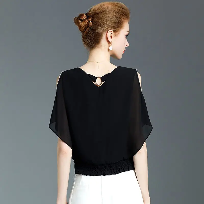 Модная шифоновая рубашка женская с короткими рукавами супер фея черная рукав