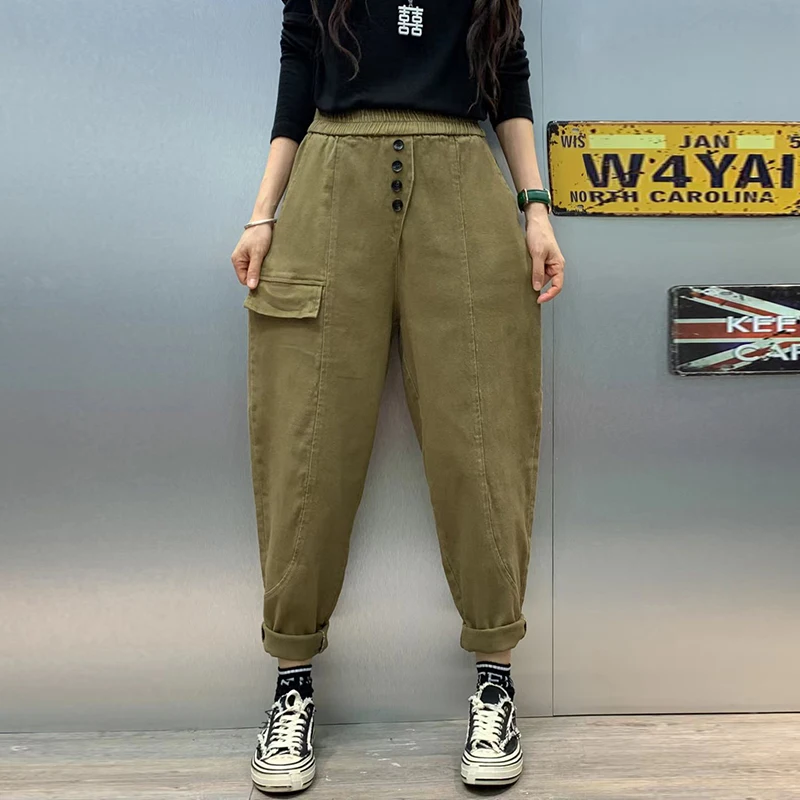 Брюки женские джинсовые до щиколотки, хлопок, пэчворк, эластичный пояс, свободные шаровары, повседневные джинсы, V148, весна-осень