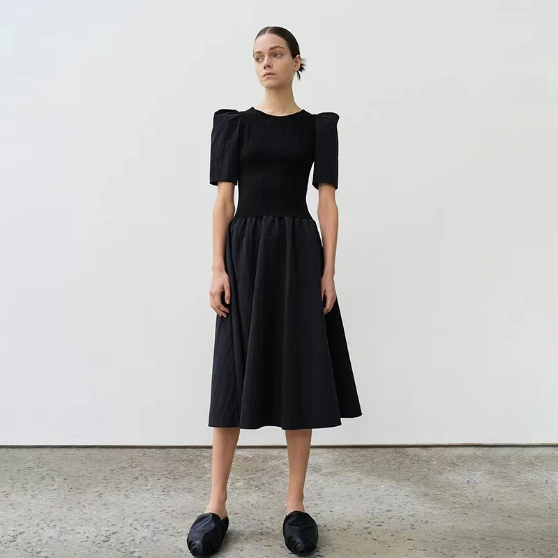 

Spring and Summer 2023 Special Price Women Temperament Waist Round Neck Knitted Stitching Solid Color Dress