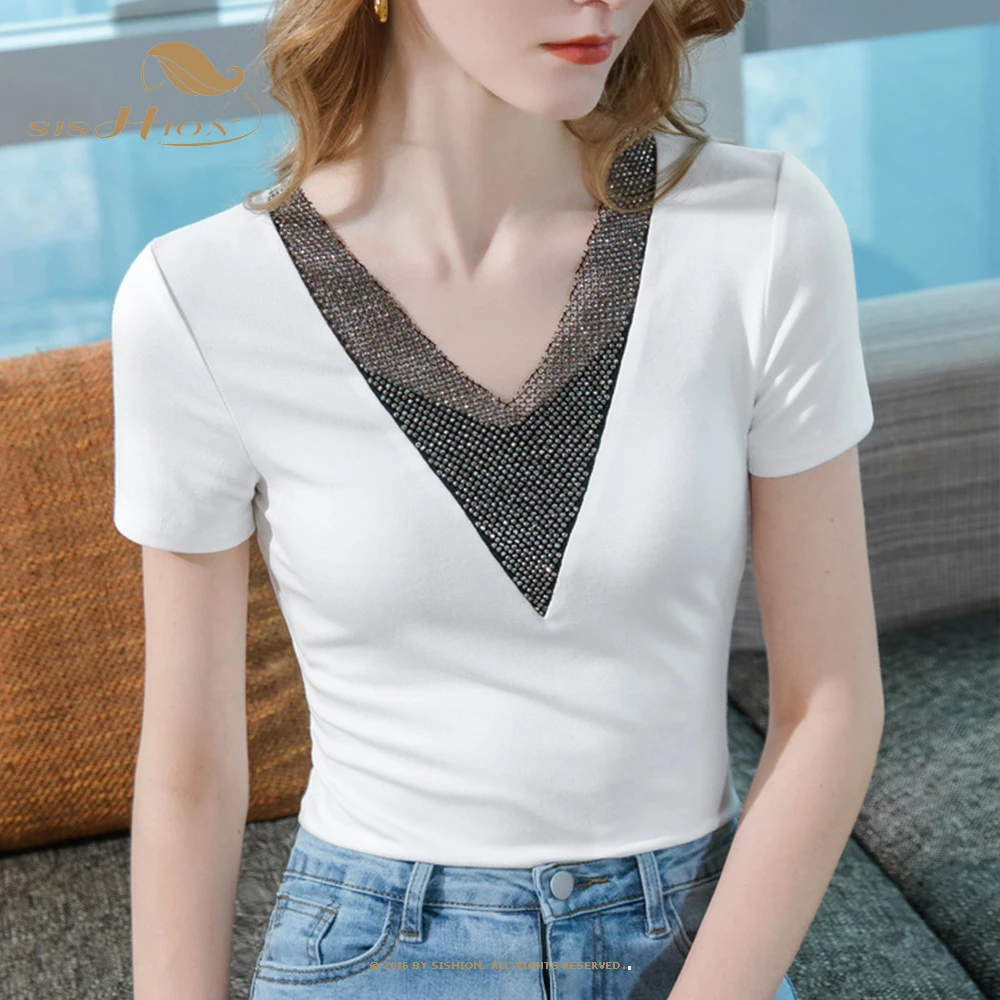 

Футболка женская с V-образным вырезом, пикантная Модная рубашка с вышивкой бисером, Офисная черная белая с рукавами, VD3127, лето 2022