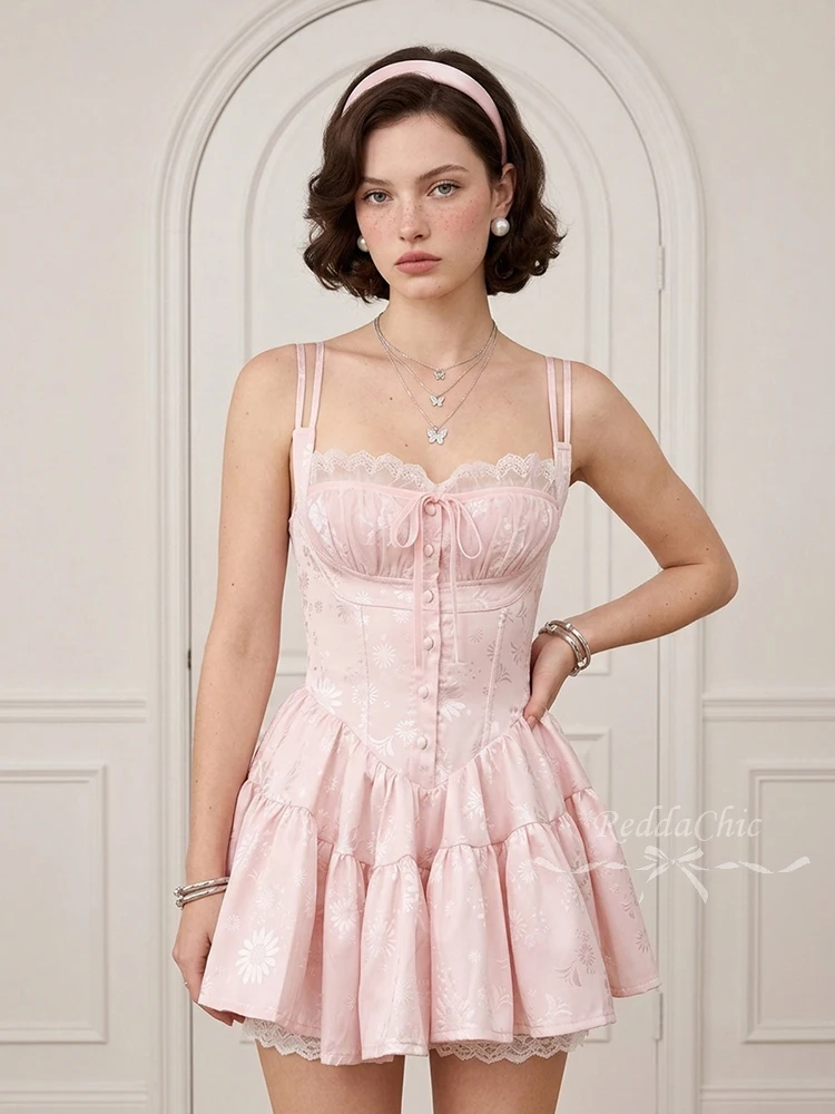 Фото REDDACHiC Милое цветочное платье-корсет для летних вечеринок, розовое атласное комбинированное кружевное мини-платье-комбинезон с рюшами, женское цельное платье Desire №3
