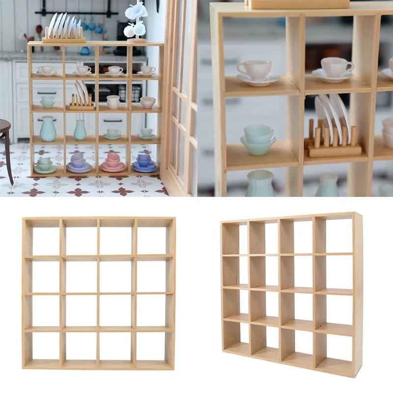 1: 12 миниатюрный деревянный стеллаж для хранения кукольного домика белые 16 ячеек