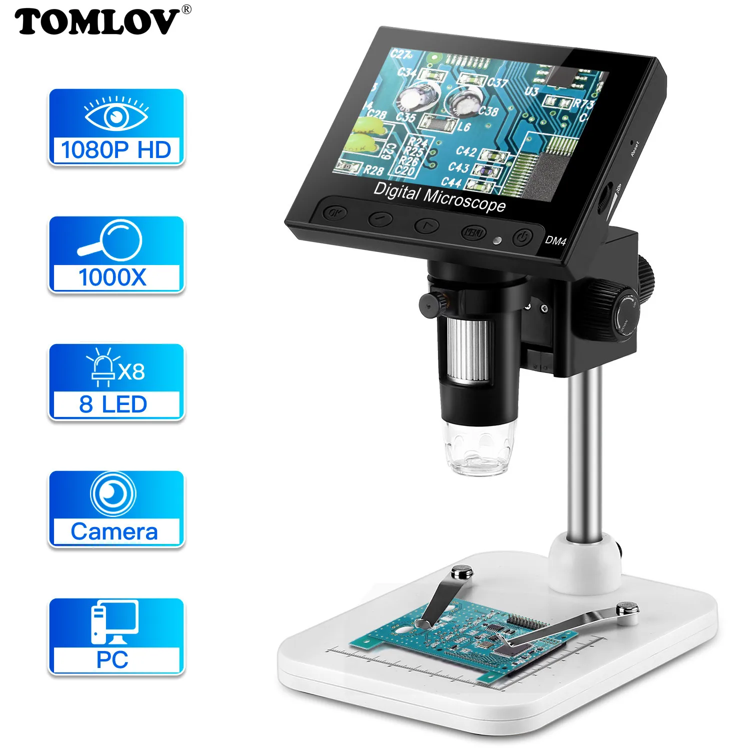 tomlov 4 3 lcd video digital microscope for electronic welding 1000x zoom for phone watch repairing endoscope record with stand free global shipping