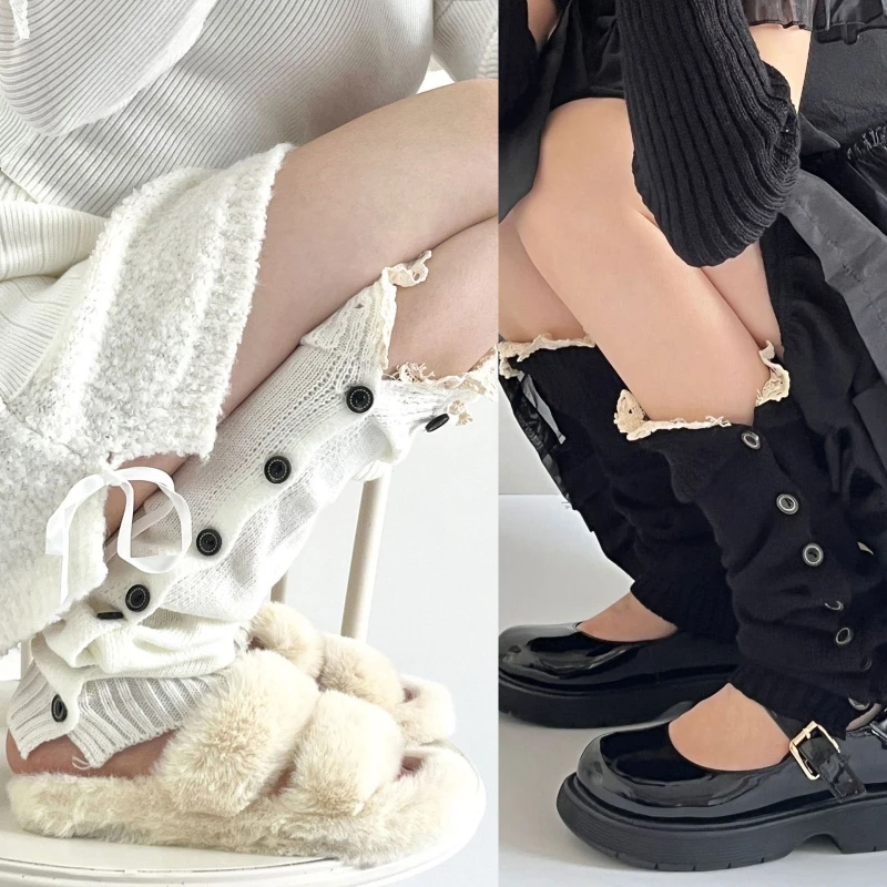 

Women Knitting Leg Warmers School Student Button Down Lace Trim Foot Cover Socks