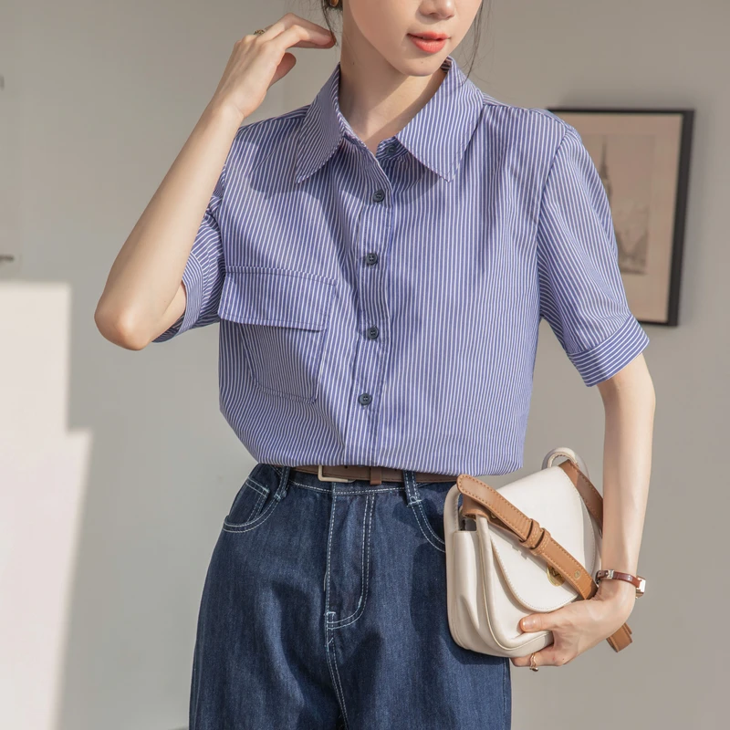 Женская рубашка с коротким рукавом и отложным воротником Офисная Повседневная