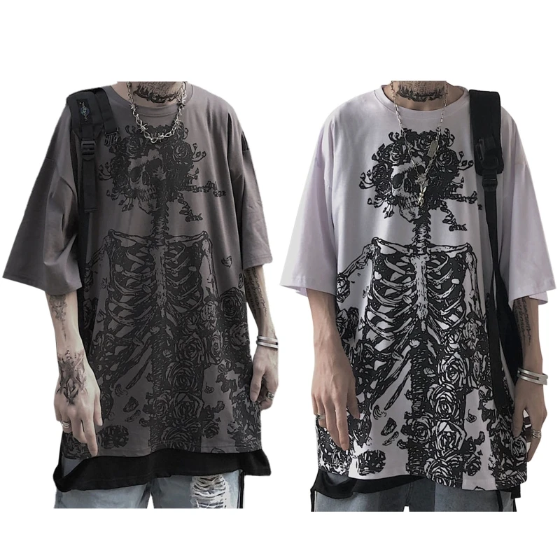 

Men Women Dark Goth Punk Short Sleeve T-Shirt Harajuku Rose Flower Skull Skeleton Graphic Print Loose Oversized Tops