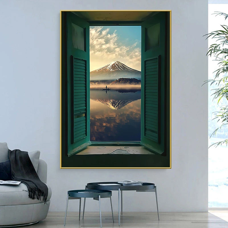 

Nordic Window Outside Landscape Decorative Interior Painting for Living Room Home Decor Canvas Print Picture Wall Art Poster
