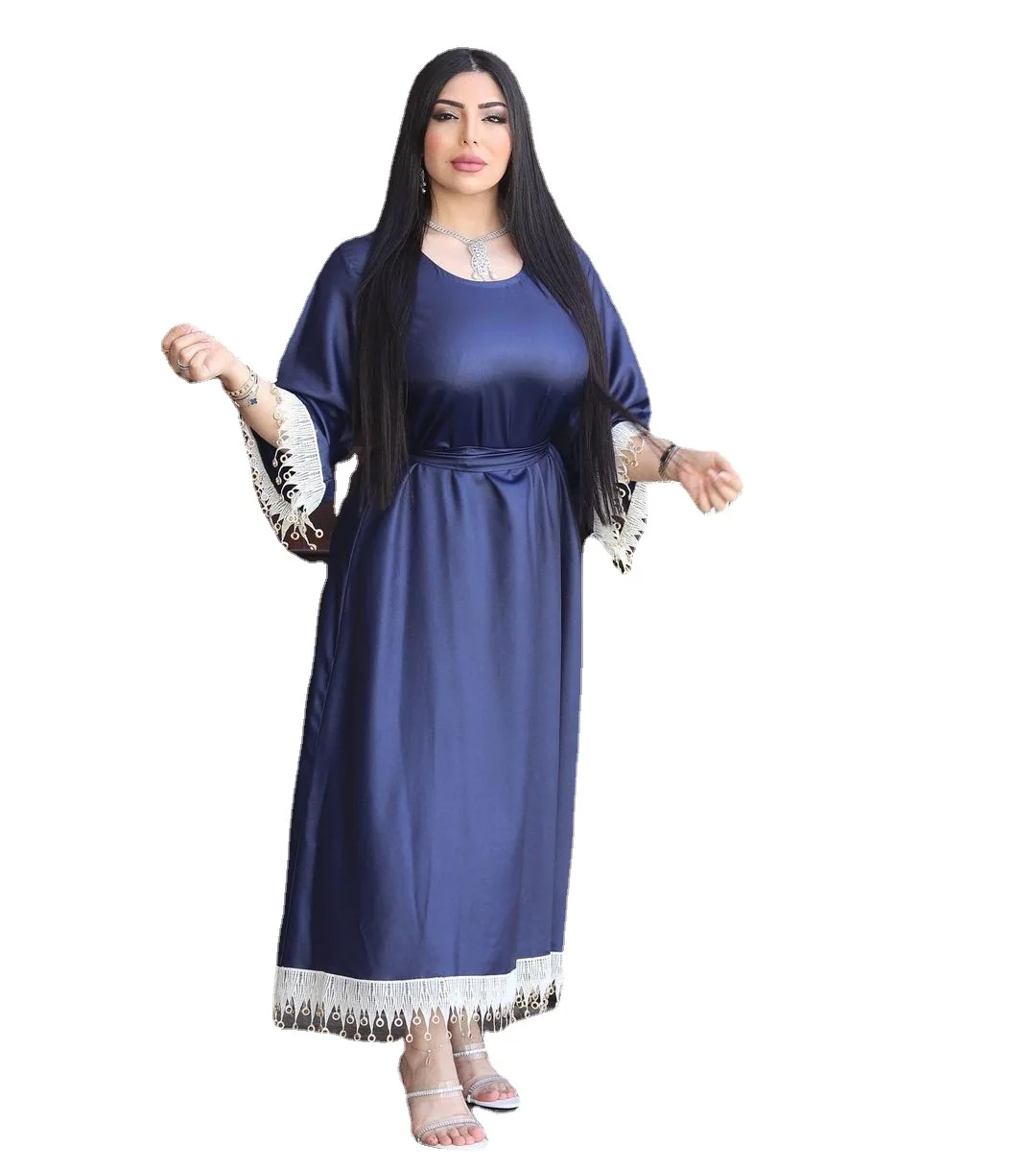 

Muslim Abaya Dress Dubai Koftane Marocain 2022 Tassels Lace Patchwork Long Sleeves Elegant Middle East Party Gowns Jalabiya