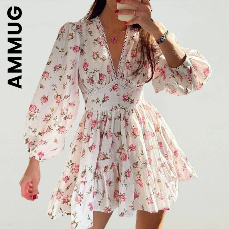

Ammug New Dress Women Chic Dresses Floral V neck Sweet Short Dress Temperament All-Match Sexy Dress Soft Lazy Female Vestidos