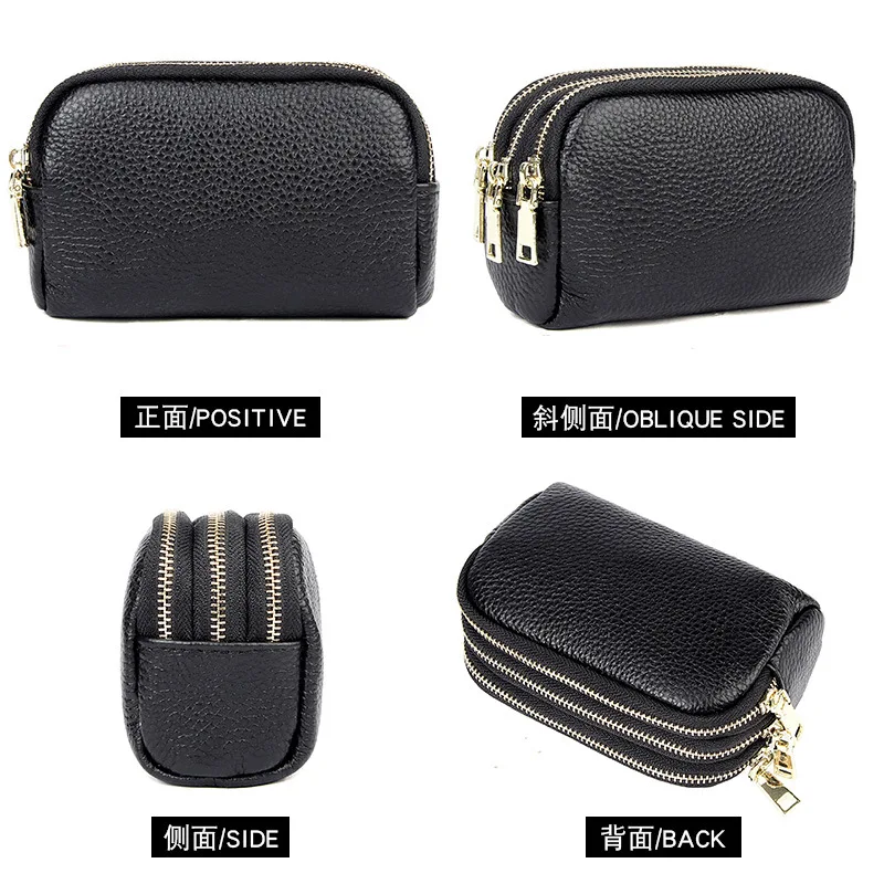 2023Top layer cowhide simple fashion mini clutch three zipper keys coin purse genuine leather