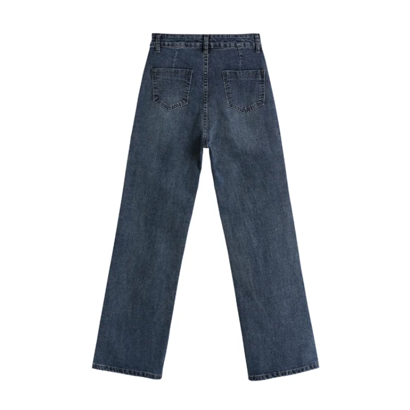 Women's Street Style Casual Wide-leg Denim Pants 2023 Fashion Beading Ripped Hole Jeans New High Waist Straight Denim Trousers