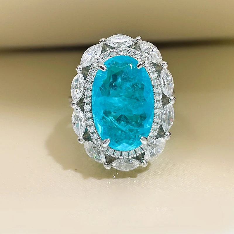 

New S925 Sterling Silver Synthetic Paraiba Ring Female 10*15 Pigeon Egg Fashion Jewelry Accessories 5A Zircon