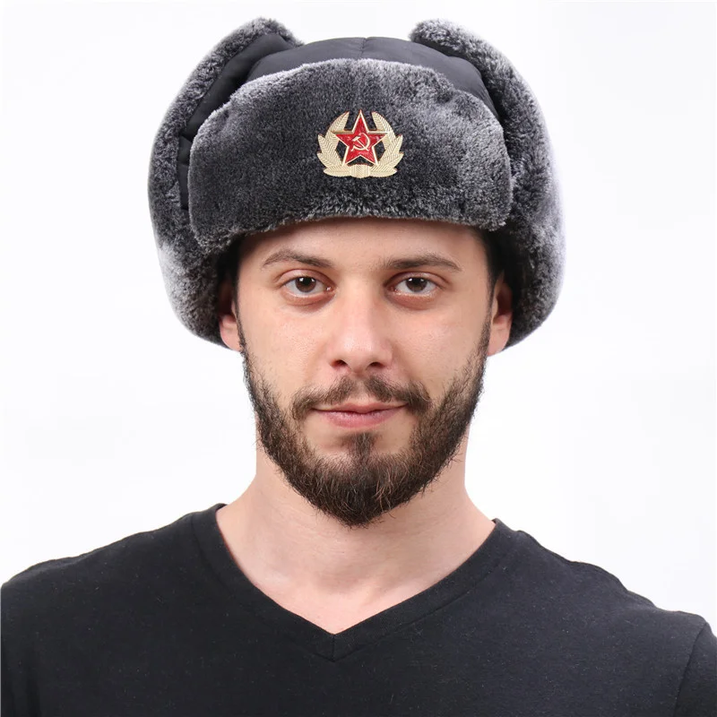 

Warm Soviet Badge Lei Feng Hats Men's Russian Ar Ushanka Bomber Hat Outdoor Plus Velvet Thicken Caps Faux Rabbit Fur Earflap